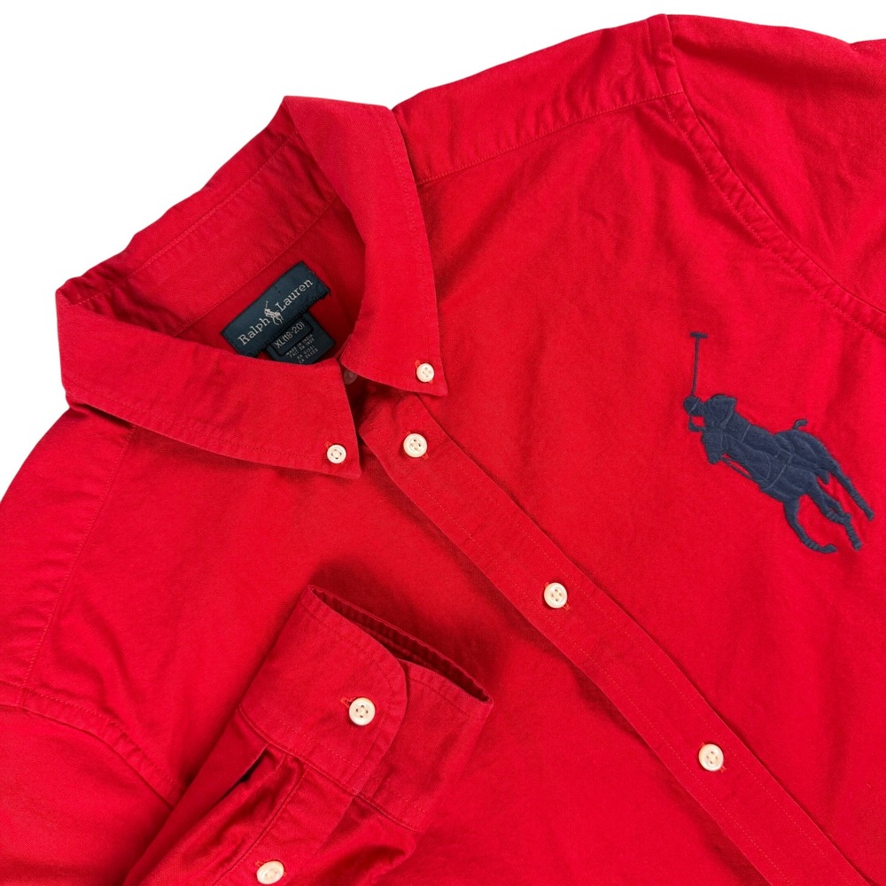 Ralph Lauren Shirt Boys XL Red Vintage Big Pony Logo Long Sleeve Button Down